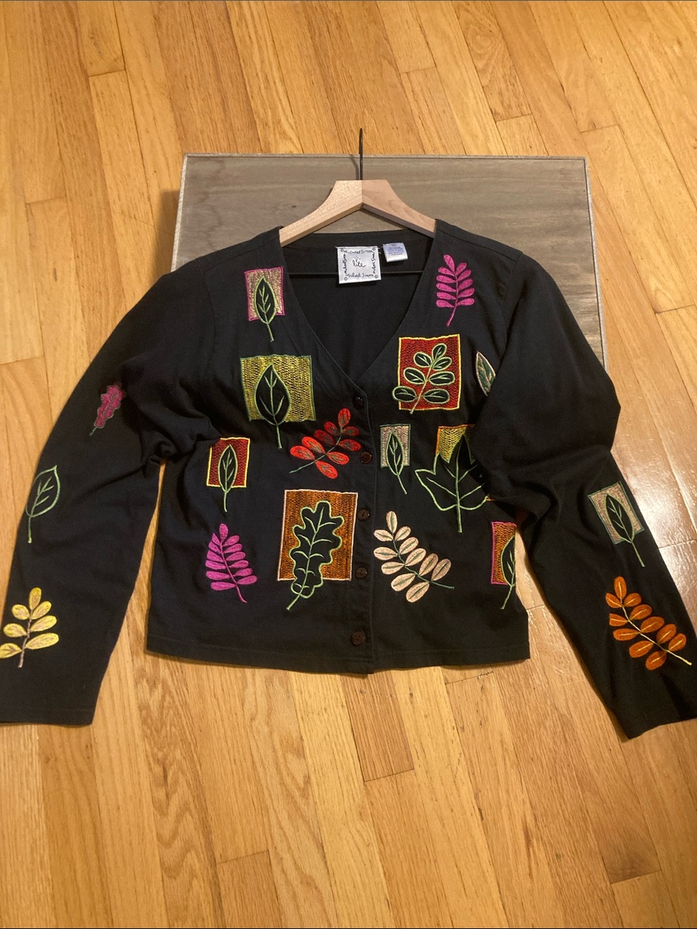 VTG Michael Simon Lite Embroidered Leaves Cardigan 100% Cotton Autumn Fall Sz XL